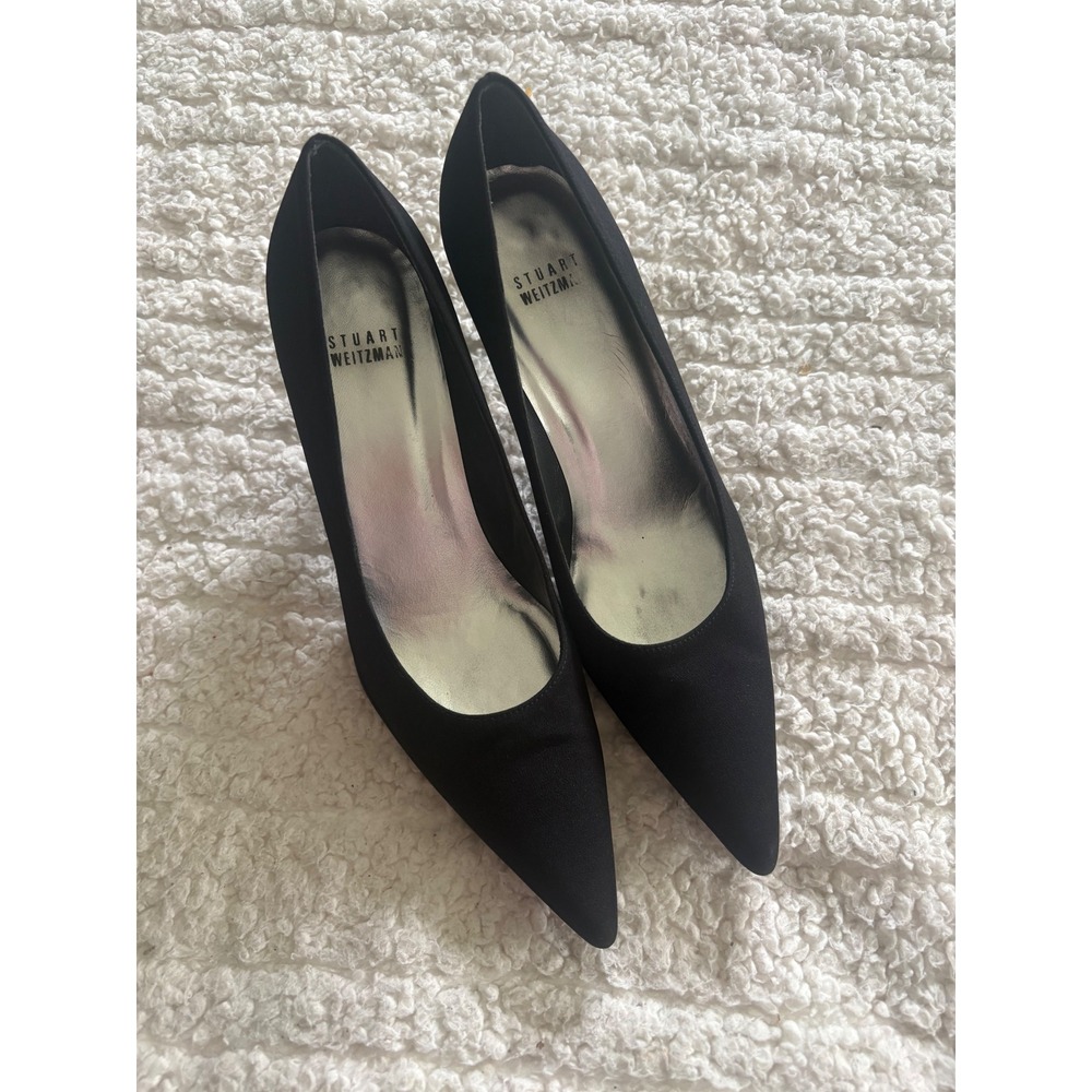 Stuart Weitzman Black Satin Lady Peau de Soie Pump Heels Stiletto Size 8.5M